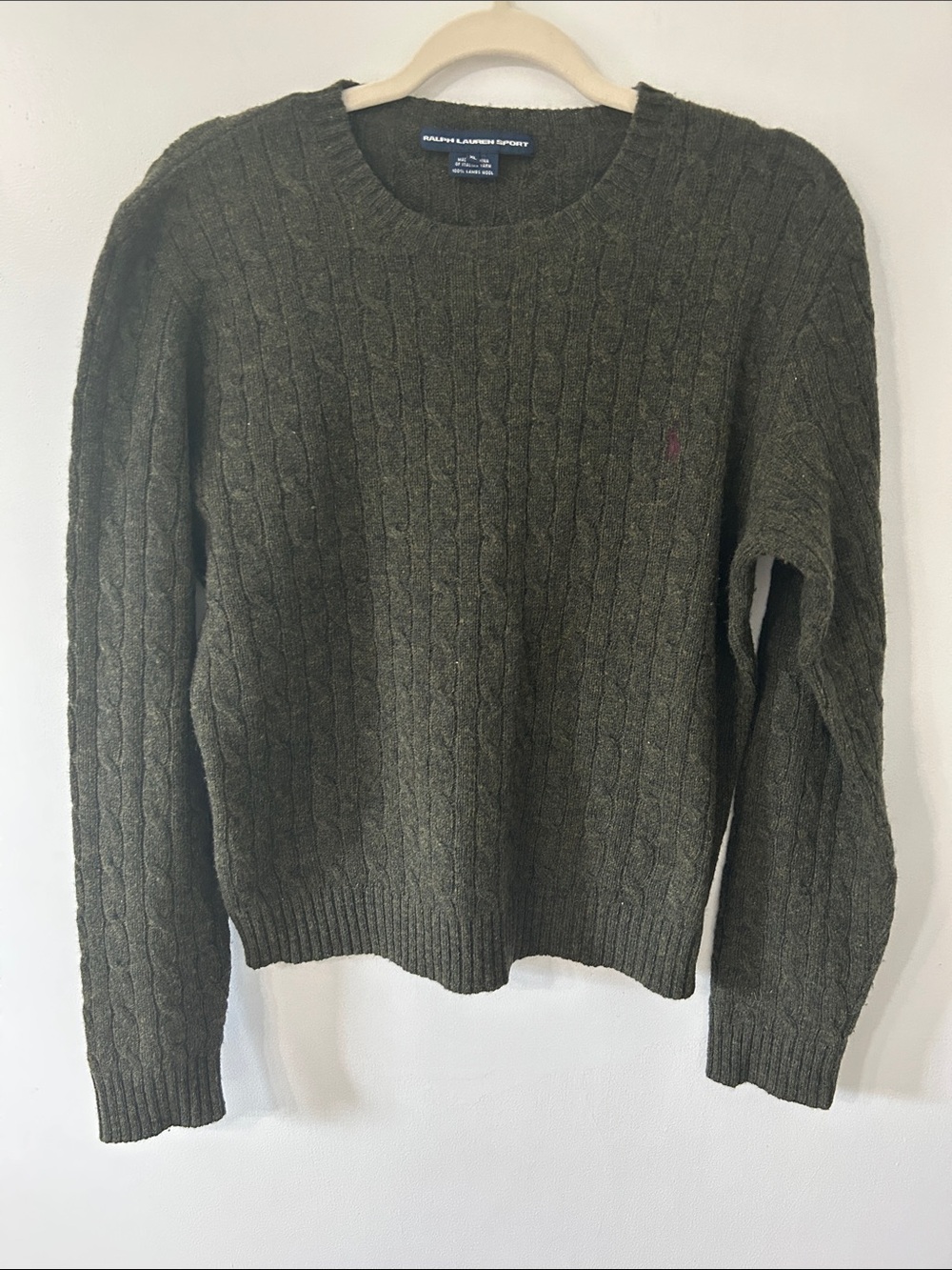 Ralph Lauren Sport Cable Knit Sweater Olive Lambswool Crewneck Preppy Old Money - Picture 14 of 16
